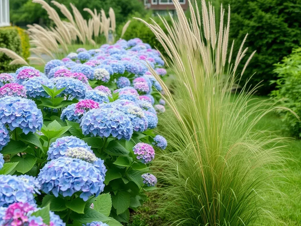 A row of hydrangeas and grasses in the large garden on both sides