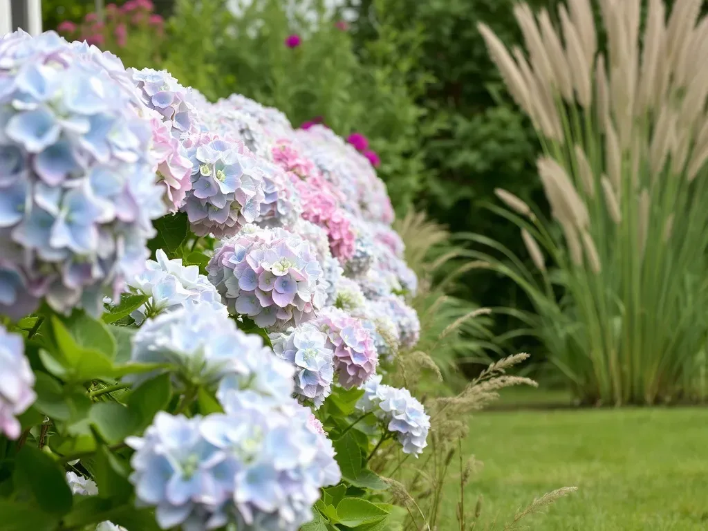 A row of hydrangeas and grasses in the garden