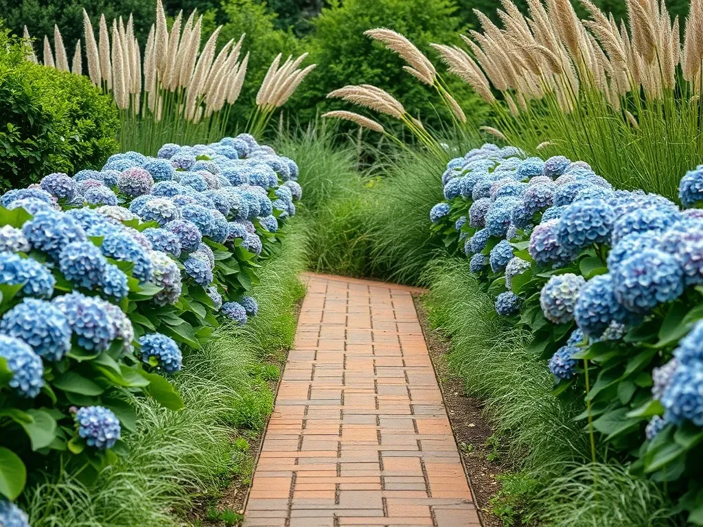 A row of hydrangeas and grasses in the garden on both sides and brick walk path in the center