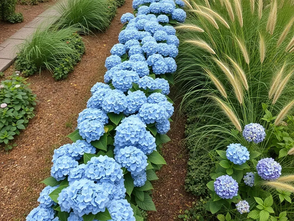 A row of hydrangeas and grasses in the garden on both sides from aerial view