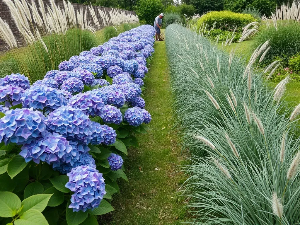 A row of hydrangeas and grasses in the garden on both sides from aerial view, gardener working far away