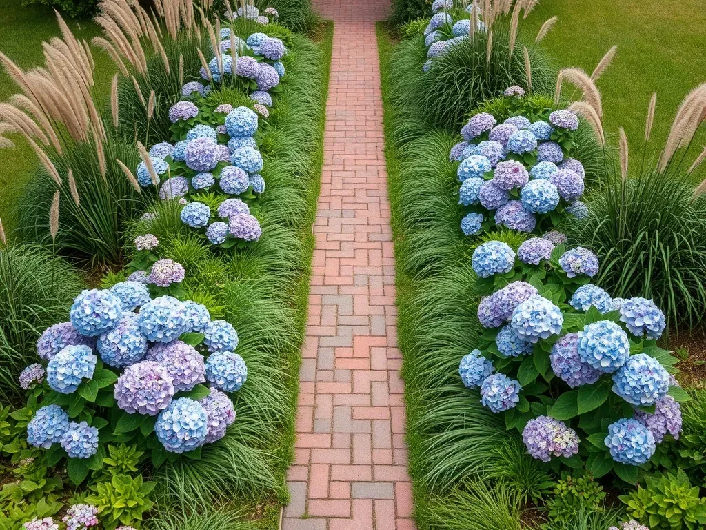 A row of hydrangeas and grasses in the garden on both sides and brick walk path in the center from aerial view