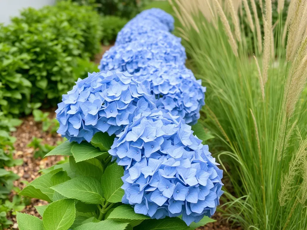 A row of hydrangeas and grasses in the garden on both sides