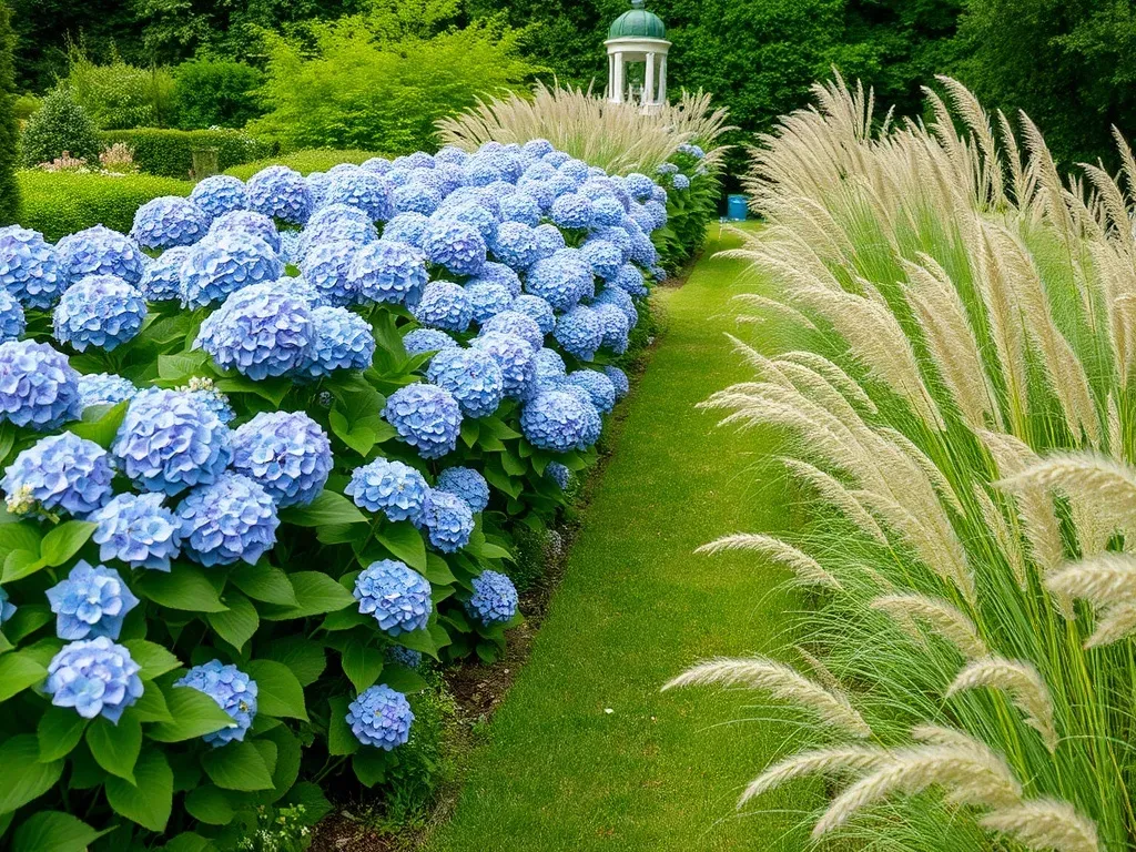 A row of hydrangeas and grasses in the garden on both sides
