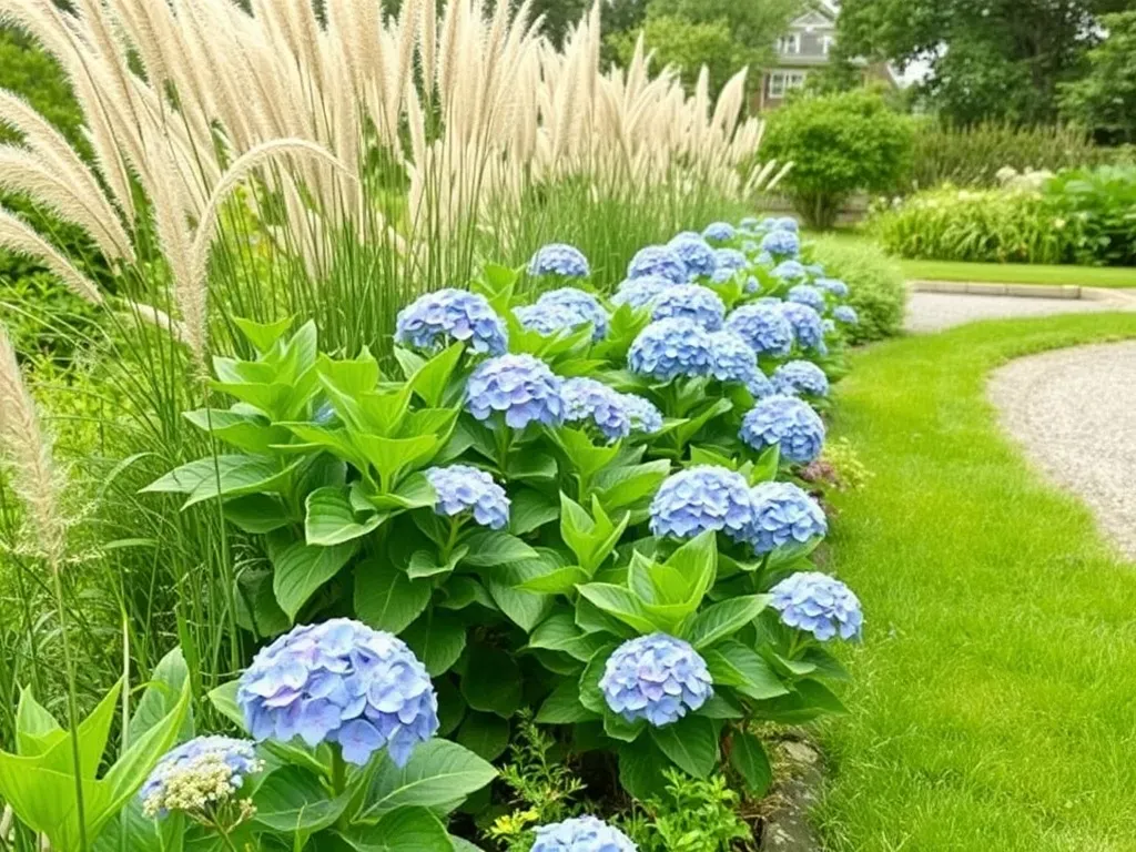 A row of hydrangeas and grasses in the garden