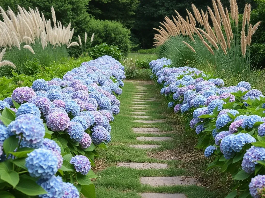 A row of hydrangeas and grasses in the garden on both sides and walk path in the center
