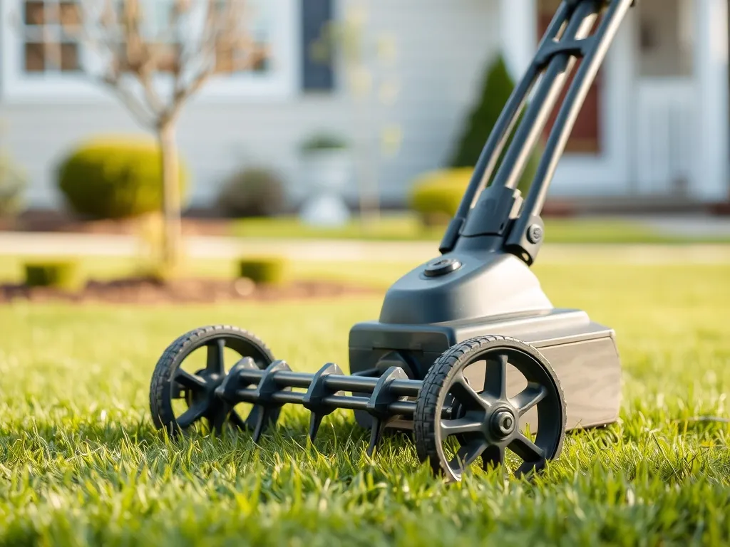 Elektryczny aerator–wertykulator na zadbanym trawniku w ogrodzie, prezentacja budowy i działania urządzenia.