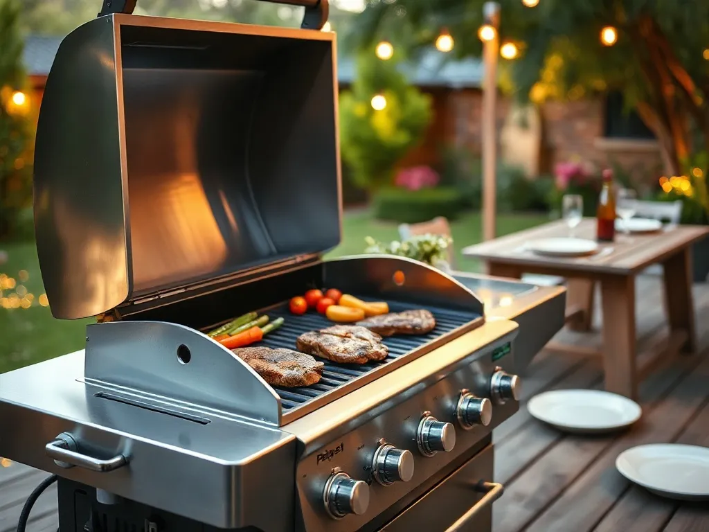 Nowoczesny stalowy grill gazowy z warzywami i stekami na ruszcie, gotowy na swobodne, wieczorne grillowanie w ogrodzie.