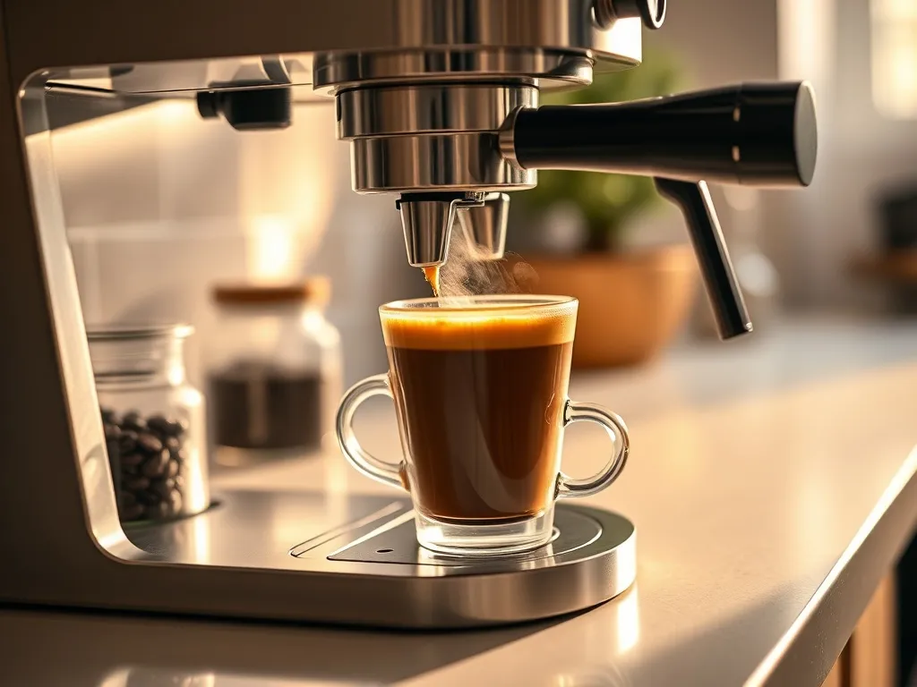 Nowoczesny ekspres kolbowy parzy espresso z gęstą cremą w szklance na blacie, w tle przytulna, domowa kuchnia.