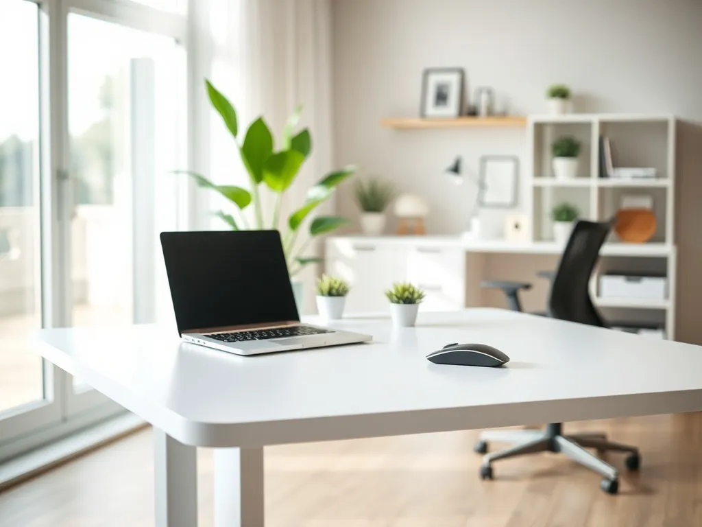 Nowoczesne biurko elektryczne z laptopem i rośliną w jasnym, minimalistycznym home office, podkreślające ergonomię pracy.