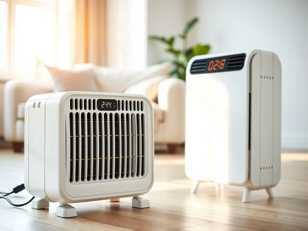 Nowoczesny biały grzejnik elektryczny z termostatem w jasnym, oszczędnym wnętrzu w stylu skandynawskim.