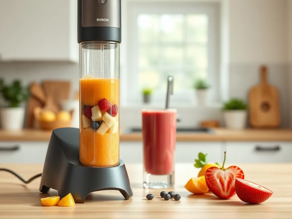 Nowoczesny blender ręczny na blacie obok szklanki z kolorowym smoothie, prezentacja sprzętu do rankingu blenderów.