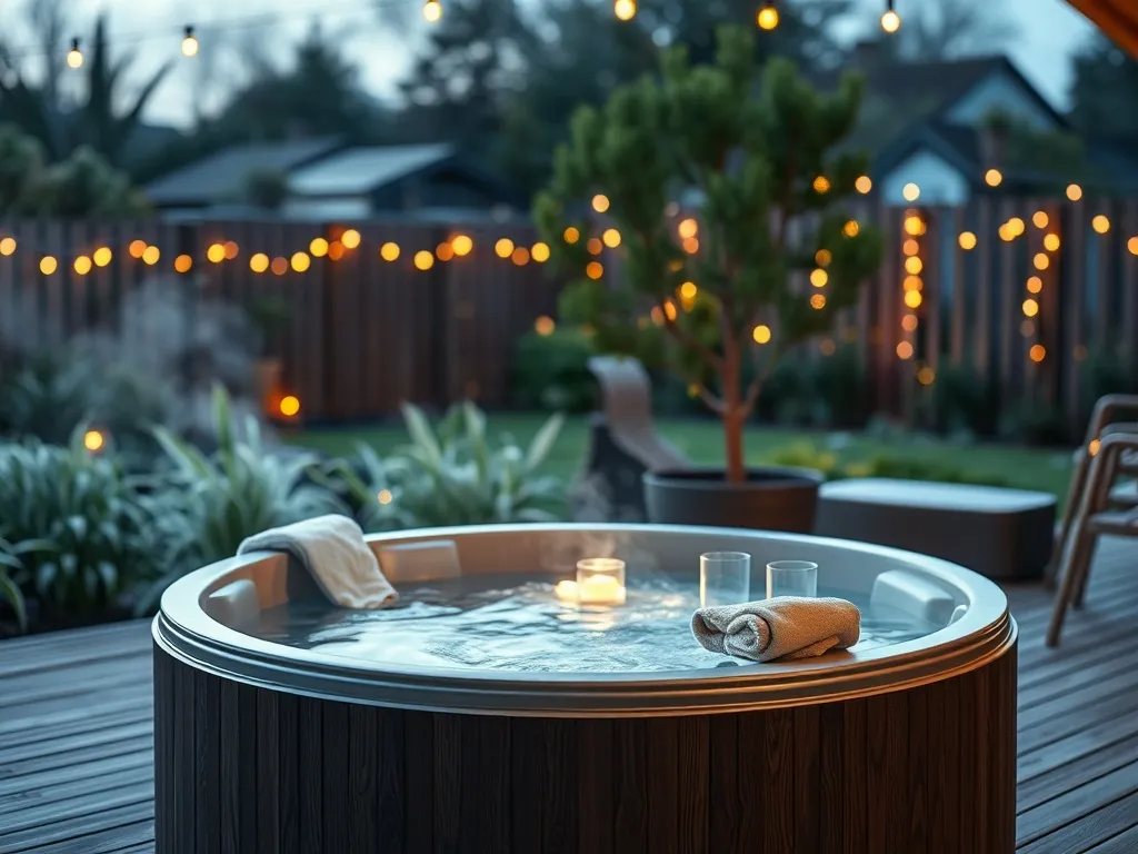 Nowoczesne okrągłe jacuzzi ogrodowe na drewnianym tarasie, z parującą wodą i nastrojowym oświetleniem wieczornym