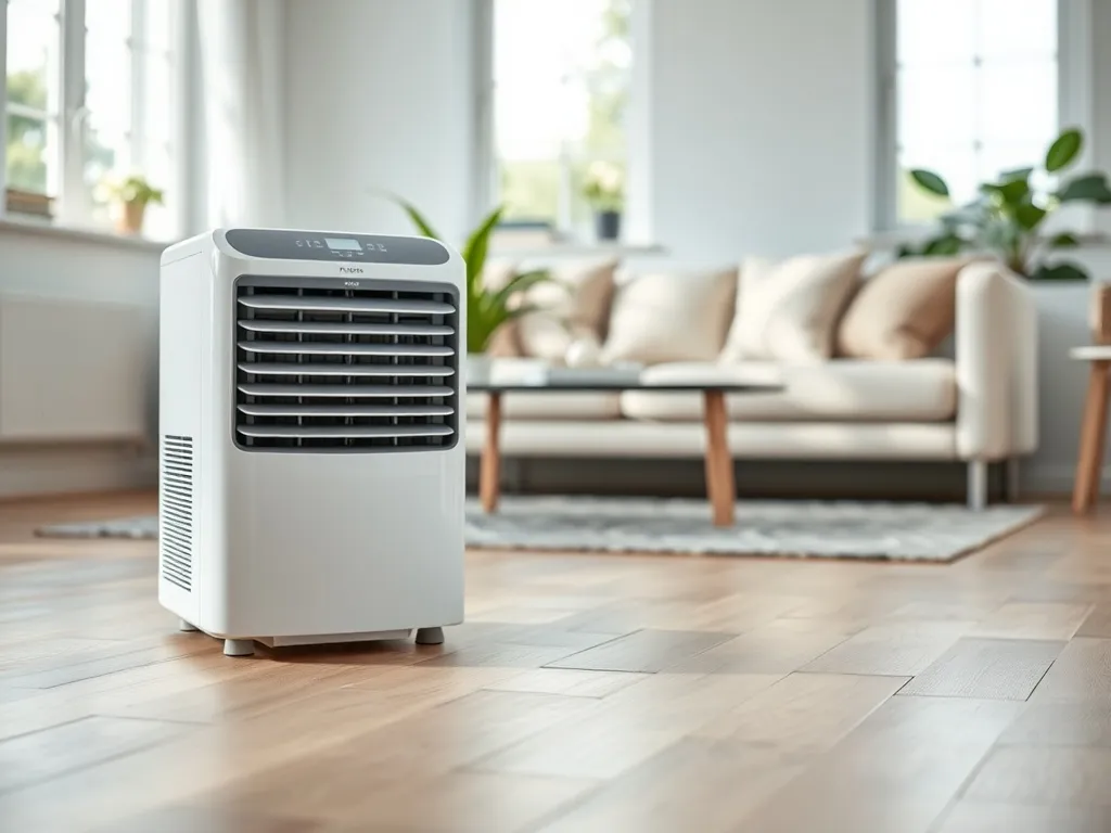 Nowoczesny klimatyzator przenośny w jasnym, przytulnym salonie, podkreślający komfort chłodzenia latem w domu.