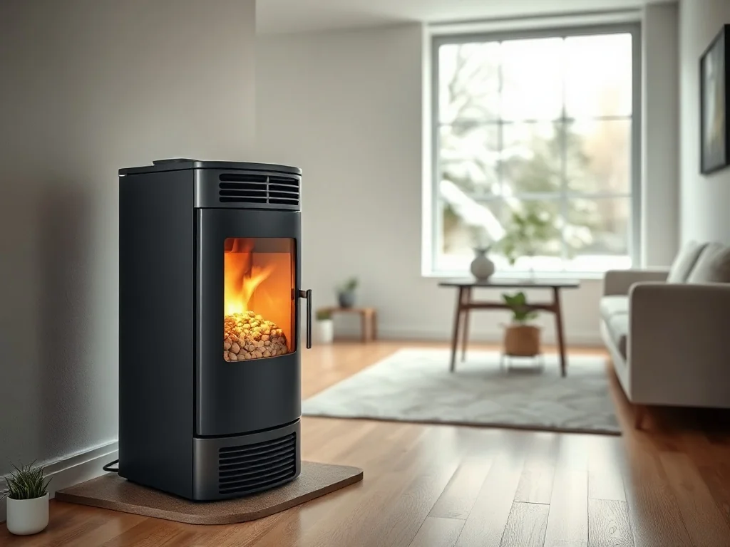 Nowoczesny piec na pellet 10 kW w przytulnym salonie, emituje ciepłe światło i tworzy komfortową atmosferę zimą.