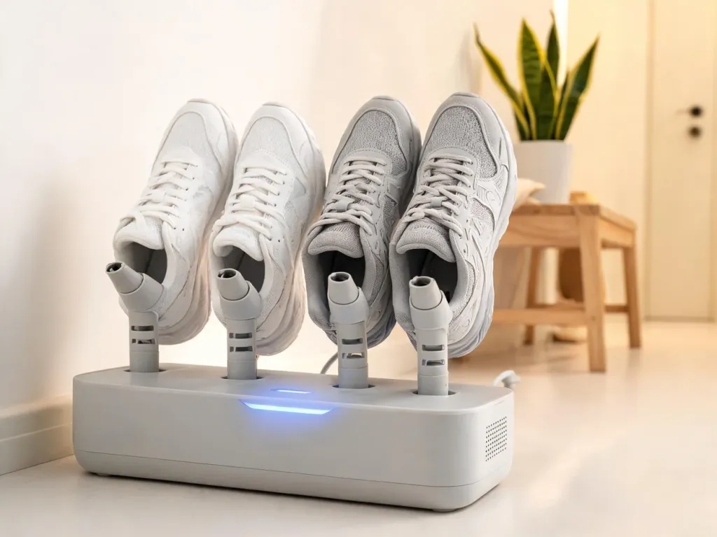 Nowoczesna suszarka do butów z ozonem delikatnie susząca czyste sneakersy w jasnym, minimalistycznym przedpokoju.