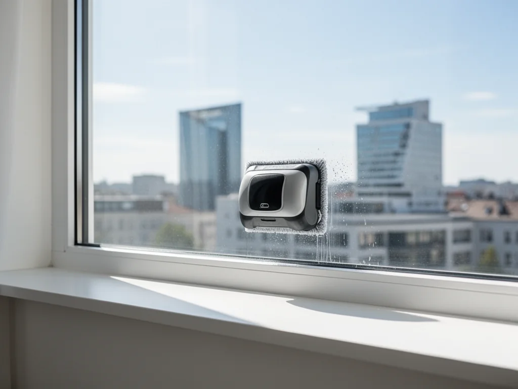 Nowoczesny robot do mycia okien pracujący na dużej szybie w jasnym mieszkaniu, z widokiem na miejską panoramę.