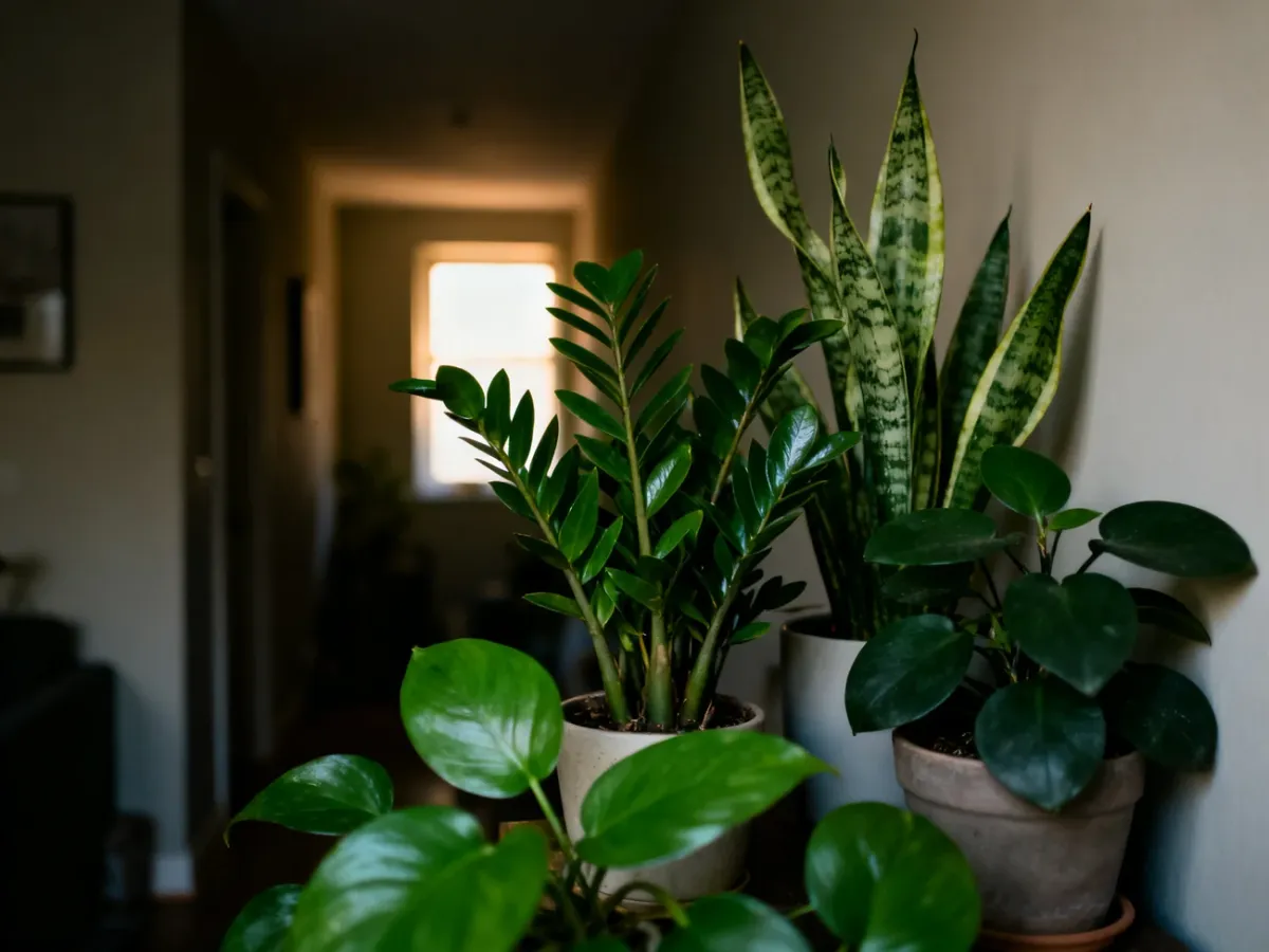 Zamiokulkas, sansewieria i aspidistra w cienistym kącie mieszkania