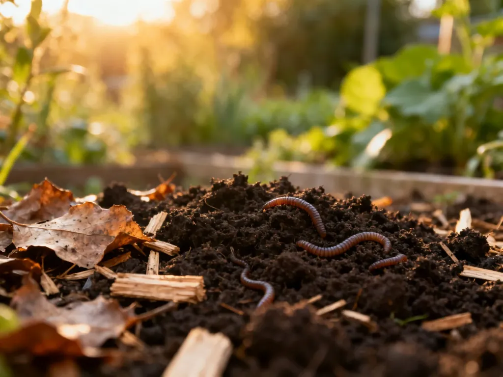 Dżdżownice w żyznej ziemi kompostowej z widocznymi resztkami organicznymi w przydomowym ogrodzie.