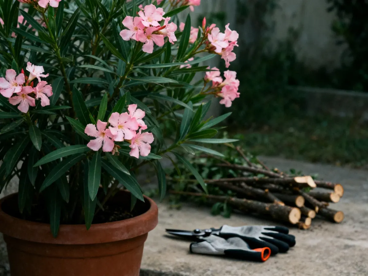 Oleander z różowymi kwiatami zabezpieczony z dala od dzieci i zwierząt