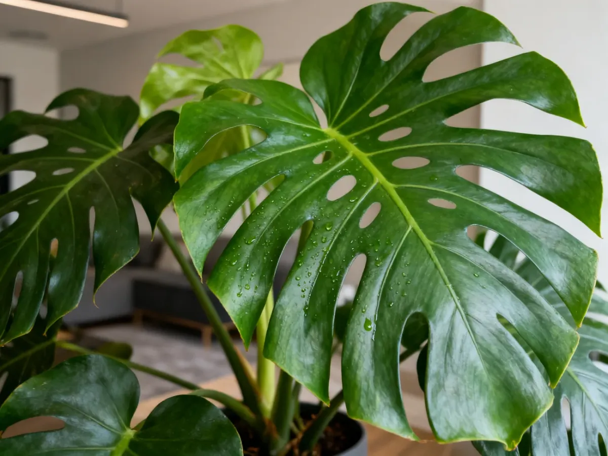 Monstera w mieszkaniu z dużymi zielonymi liśćmi