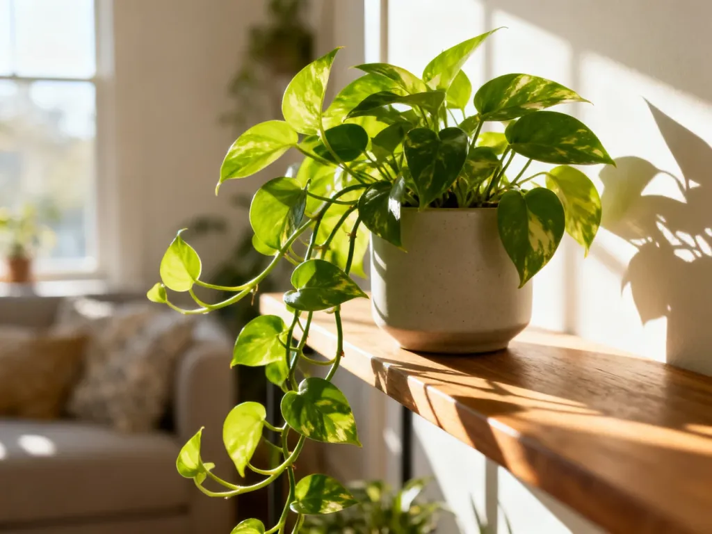 Epipremnum aureum w ceramicznej doniczce na drewnianej półce, oświetlone ciepłym światłem porannego słońca.